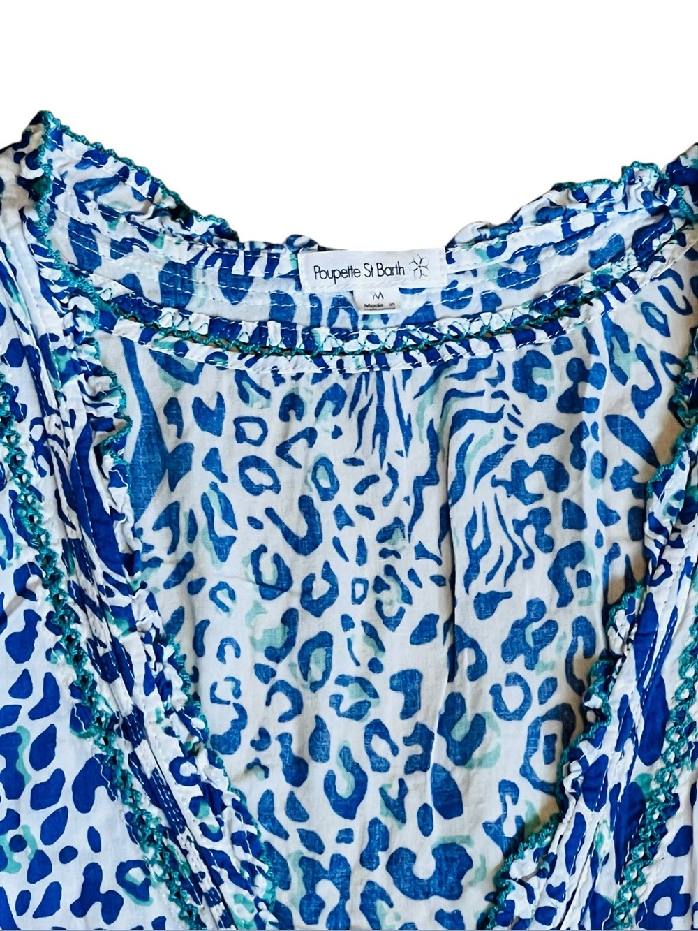 Poupette St Barth Women’s Sz M Animal Print Mini Dress Estel Blue White Ruffle - Picture 6 of 16